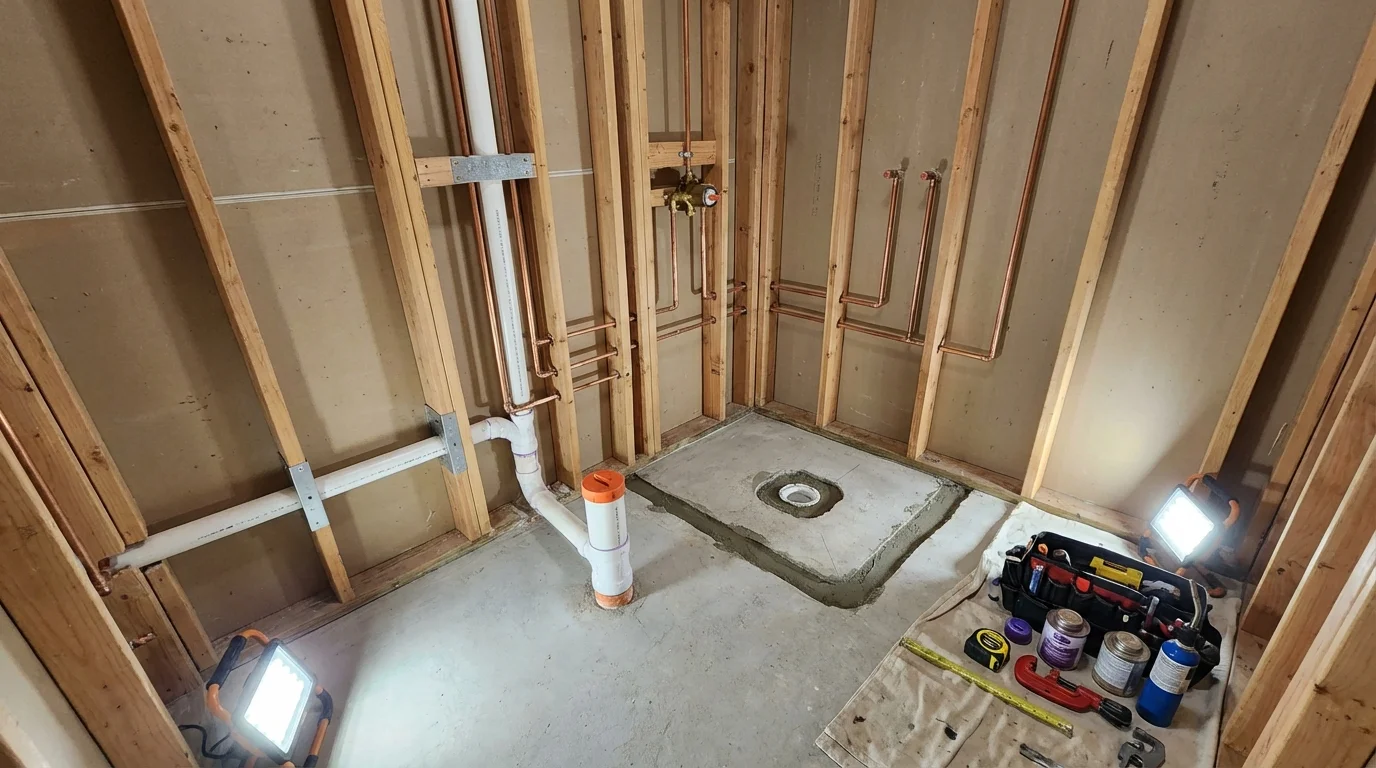 Bathroom rough-in plumbing during remodel by Johns Plumbing LLC in Eagle Grove