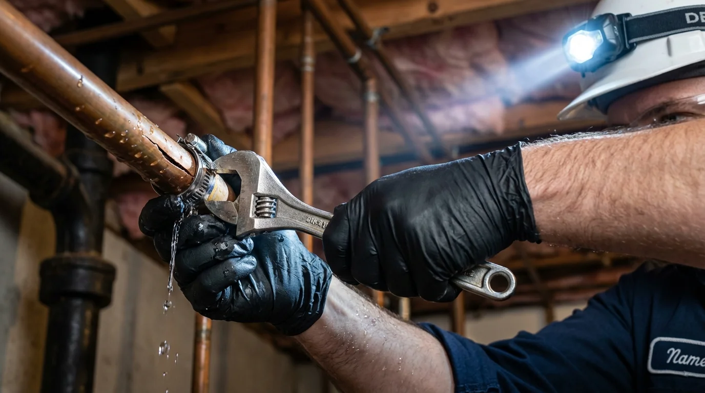 Emergency pipe clamp repair being performed by a Johns Plumbing LLC plumber in Eagle Grove
