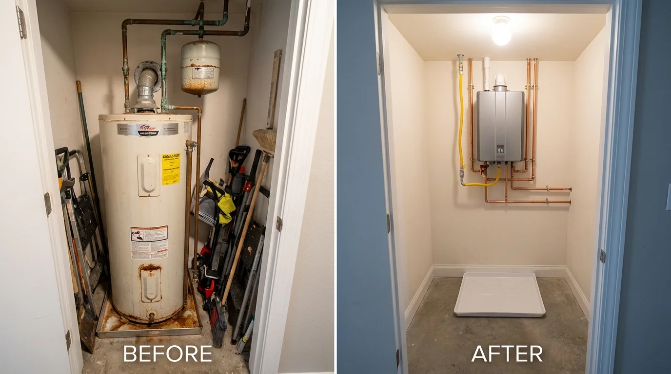 Tank water heater versus wall-mounted tankless unit comparison for Eagle Grove, IA homeowners