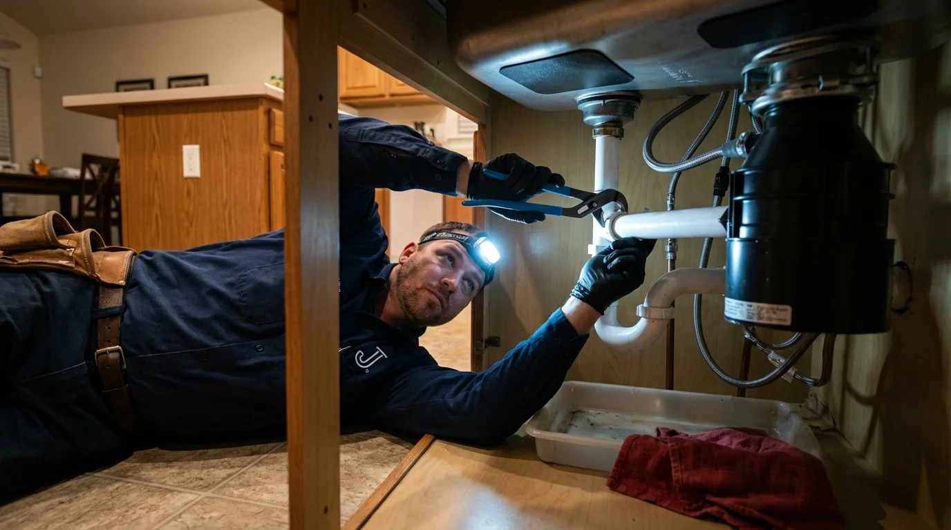 P-trap and supply line connections under a kitchen sink showing a common leak point in Eagle Grove, IA